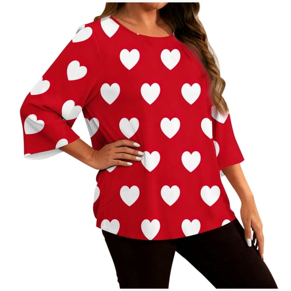 VEKDONE Womens Plus Size Tops 3/4 Sleeve Crewneck Blouse Fashion Love Heart Graphic Tees Summer Loose Fit Lightweight Tunic Tops Red XL