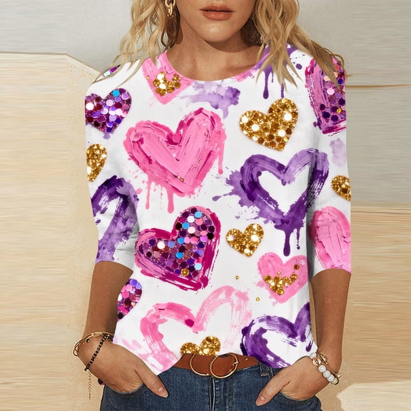 Vetsdori Tops for Ladies Heart Print 3/4 Sleeve Valentines Pullover Holiday,Gifts for Girlfriend Love Cute Juniors Blouses Fashion