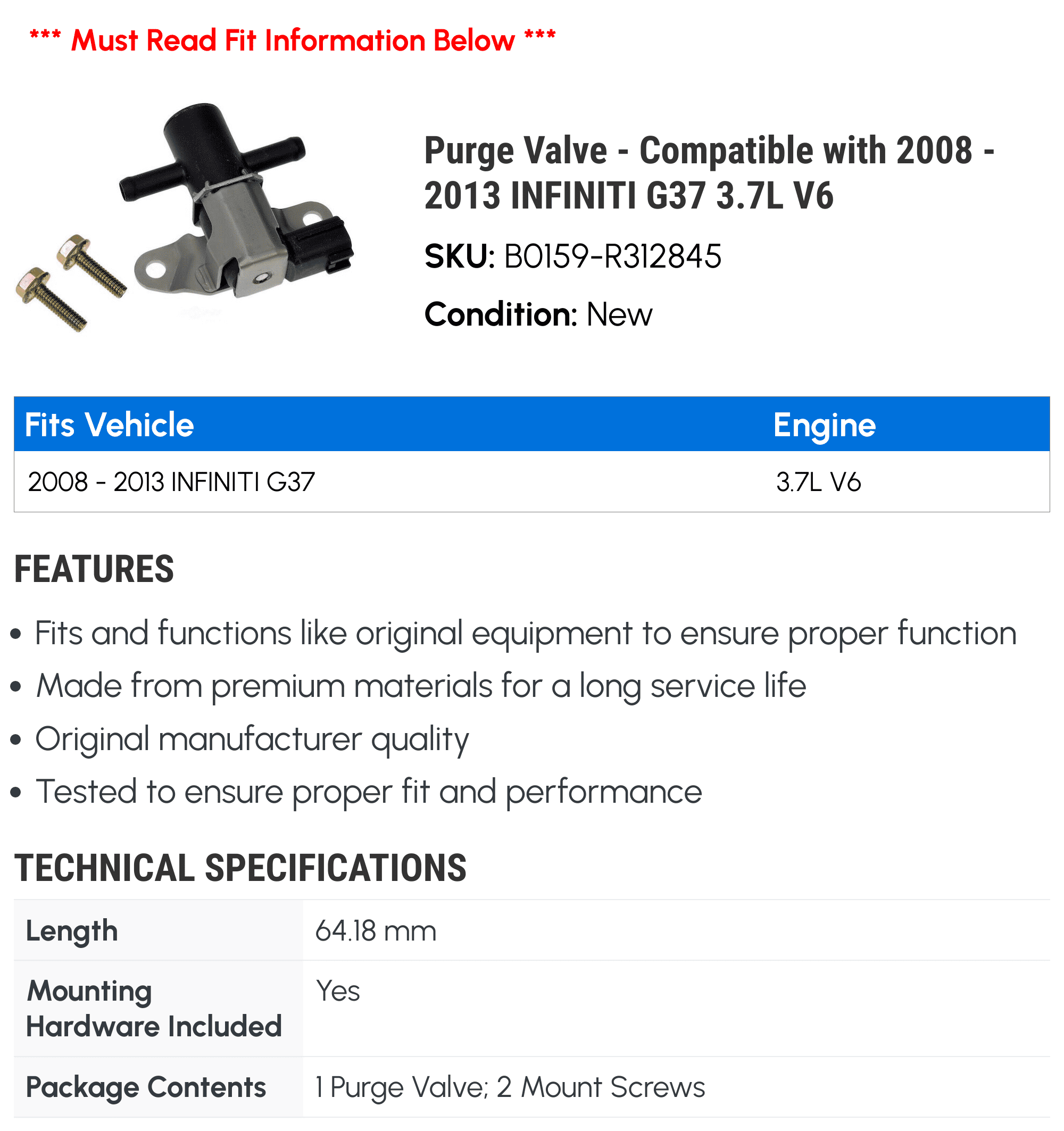 Purge Valve - Compatible with 2008 - 2013 INFINITI G37 3.7L V6 2009 2010 2011 2012