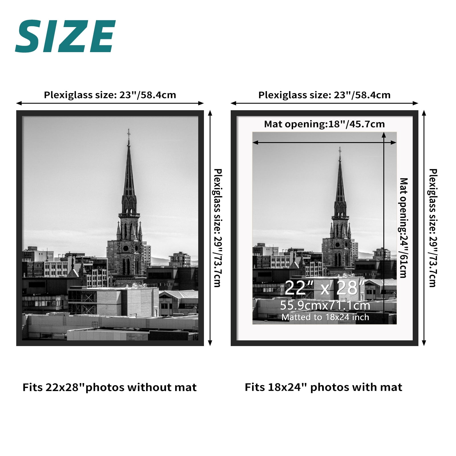 22x28 White Frame without Mat, 18x24 Metal Poster Frame with Mat for Wall Mounted