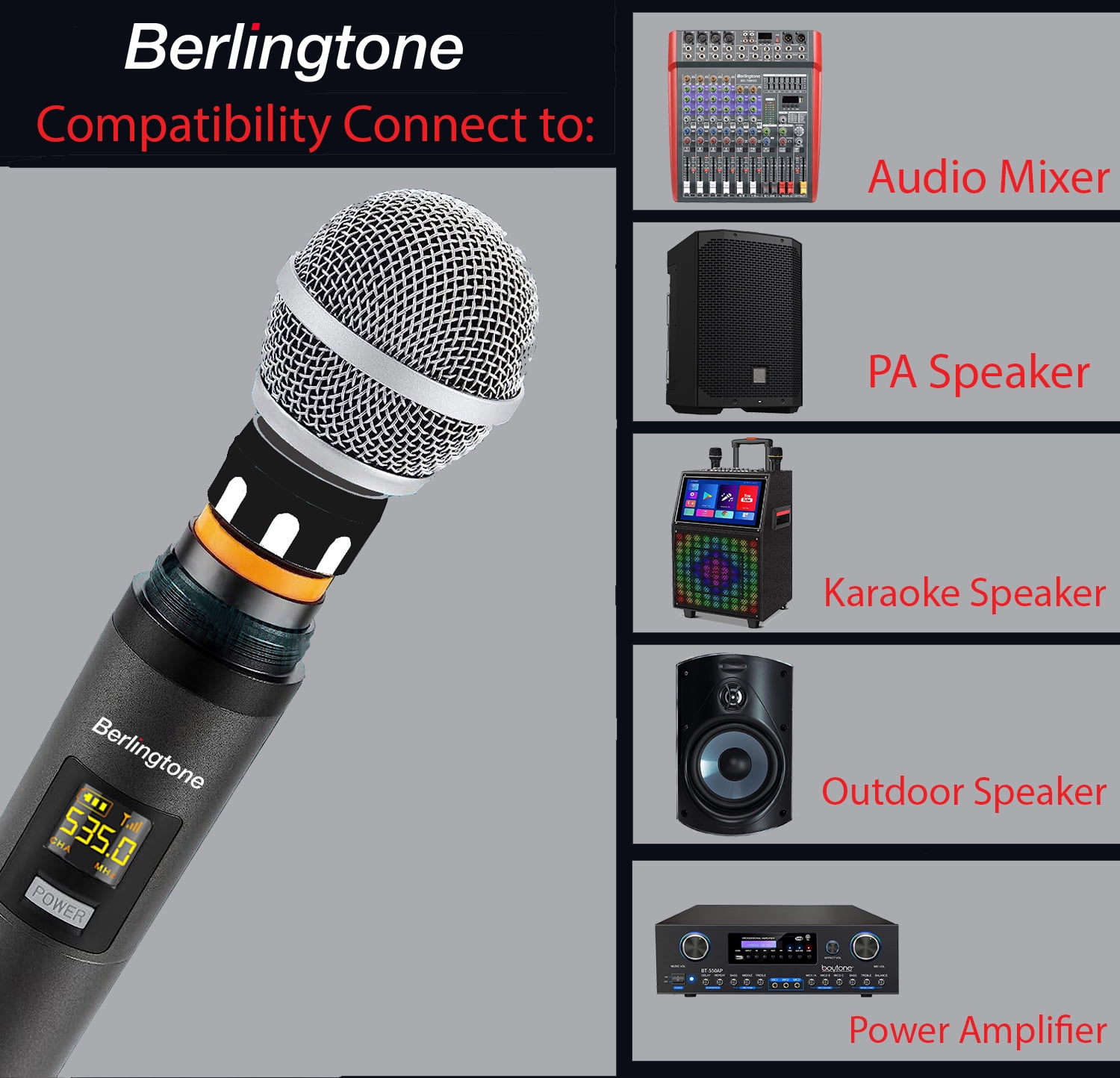 Berlingtone BR-60UM Wireless Microphone System Dual Wireless Mics, Magnetic rechargeable Charging battery, 2 Handheld Dynamic Microphones, 2x100 Adjustable UHF Channels, Auto Scan, up to 200ft Range