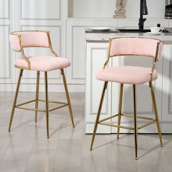 26'' Counter Height Bar Stools Set of 2, Corduroy Kitchen Island Stool with Back & Golden Chromed Base - Pink