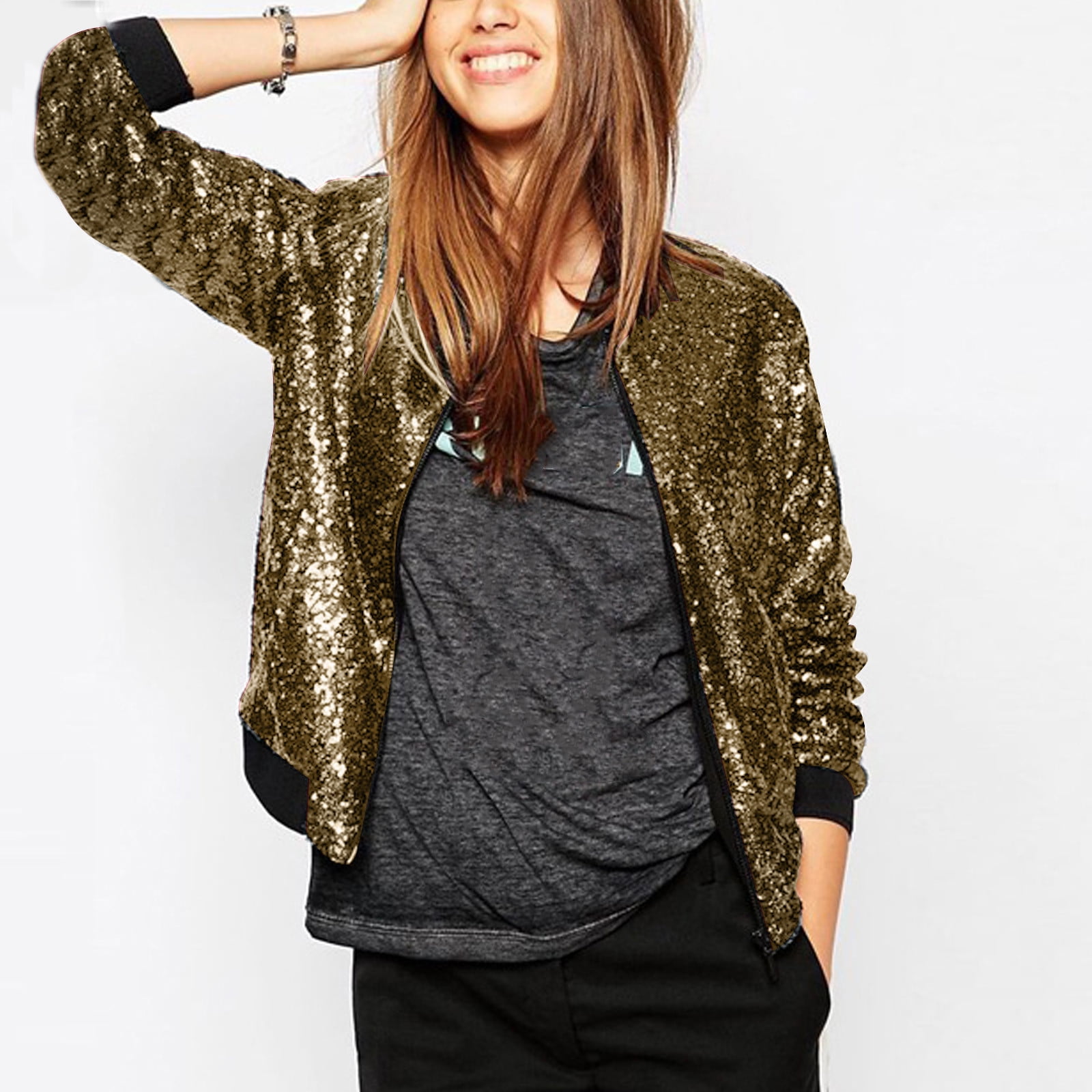 Herrnalise Women's Sequin Long Sleeve Front Zip Bomber