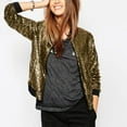 thumbnail image 2 of XFLWAM Womens Bomber Jacket Sparkly Sequin Fitted Zip up Front Blazer Long Sleeve Casual Glitter Fall Winter Cute Outwear Gold S, 2 of 8