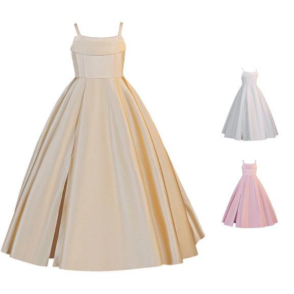JAJAHO Girls Satin Dresses Flower Girl Dress Spaghetti Strap Puffy Maxi Ball Gown Wedding Party Prom Wear For Kids 8-13Y