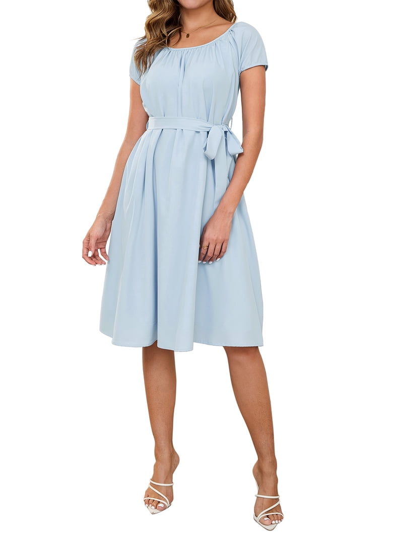 Inspire Chic Women's Maternity Dresses Boho Waist Belt Short Sleeve Summer Church Small Blue, White