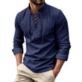 thumbnail image 2 of Men Fall Blouse Mineart Men Solid Stand Collar Linen Shirts Long Sleeve Lightweight Beach Pullover Tops Casual Breathable Loose Henley Shirts for All Season, 2 of 6