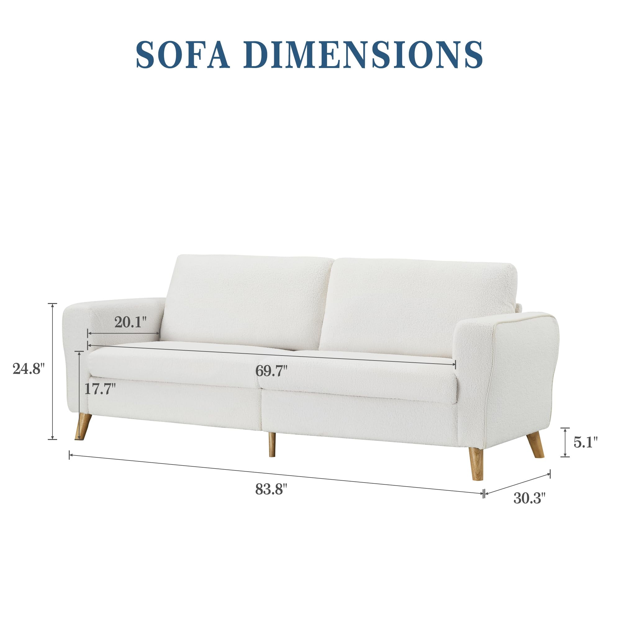 Luku 84" Modern Boucle Sofa Couch, Plush White Loveseat with Streamlined Armrests & Wooden Feet for Living Room