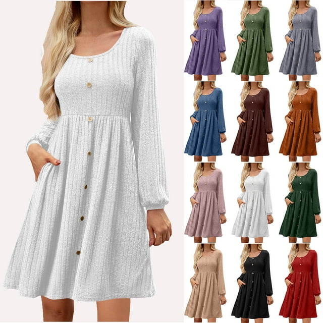 Robes d'Automne à Manches Longues pour Femmes avec Poches, Col en V, Boutons, Robe Chandail en Tricot Badydoll Décontractée 2025 Ndbuld,Blanc,2TG
