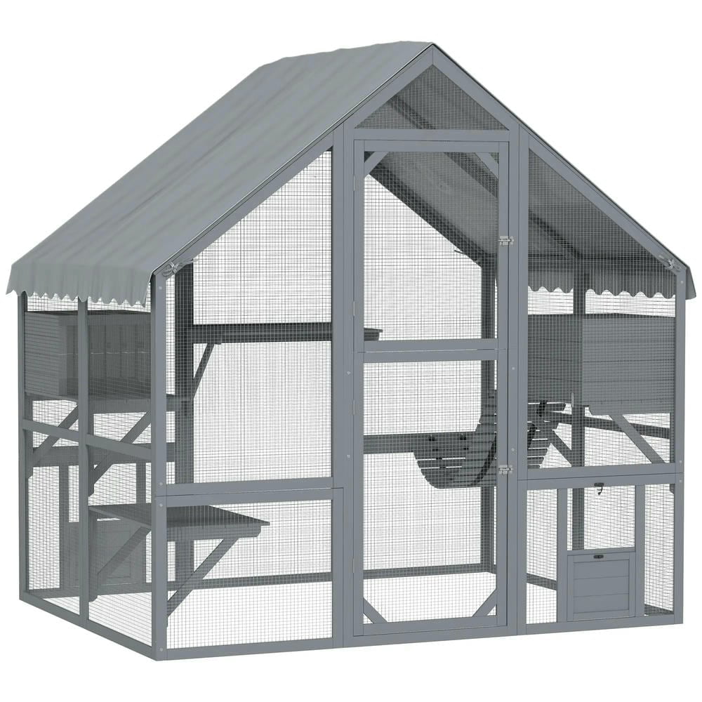 Kepooman Cat House, Cat Catio,Outdoor Cat Enclosure with Waterproof Cover, 2 Condos, 4 Platforms, Bridge, Doors, Gray