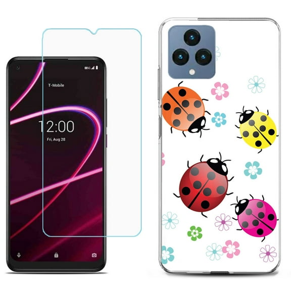 Slim-Fit Gel TPU Fashion Phone Case for T-Mobile Revvl 6 5G, with Tempered Glass Screen Protector, by OneToughShield ® - Ladybug