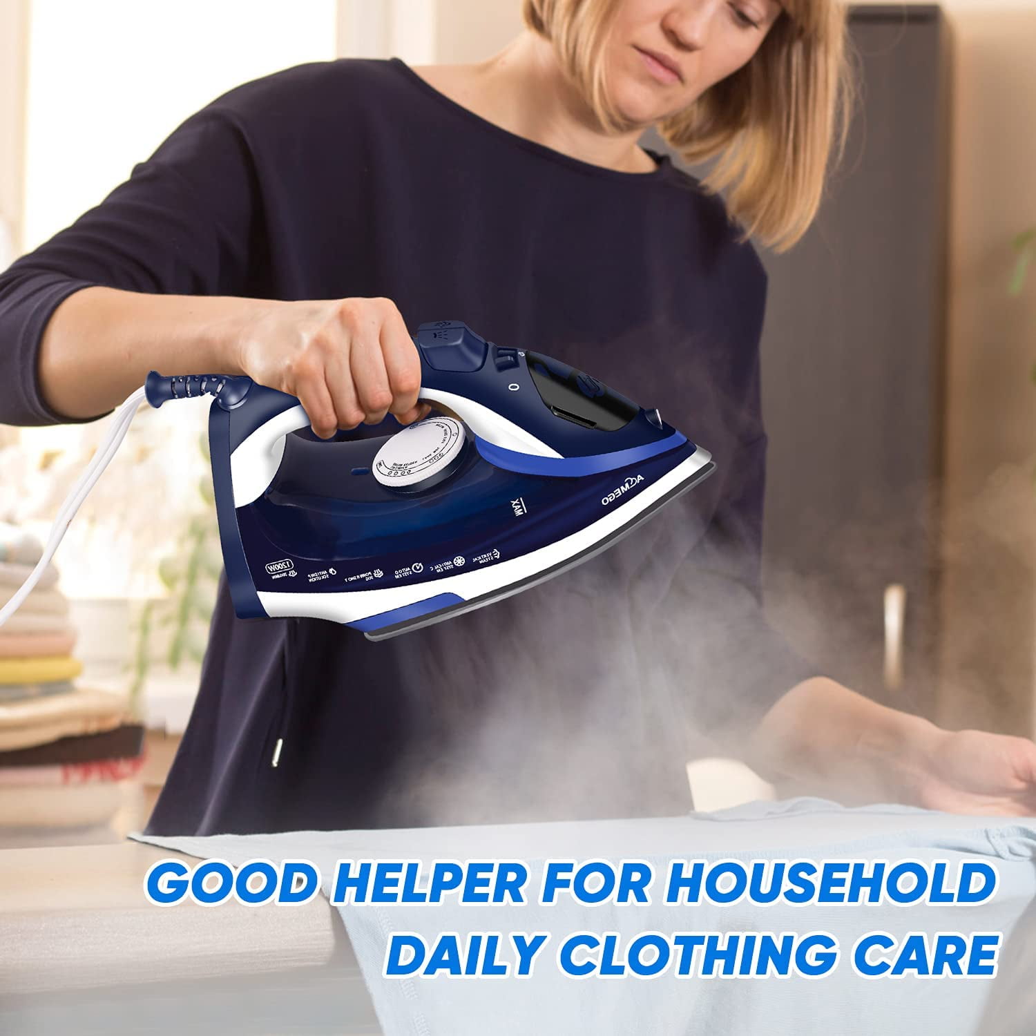 AEMEGO Steam Iron for Clothes Lightweight Portable Iron with Non Stick Ceramic Blue