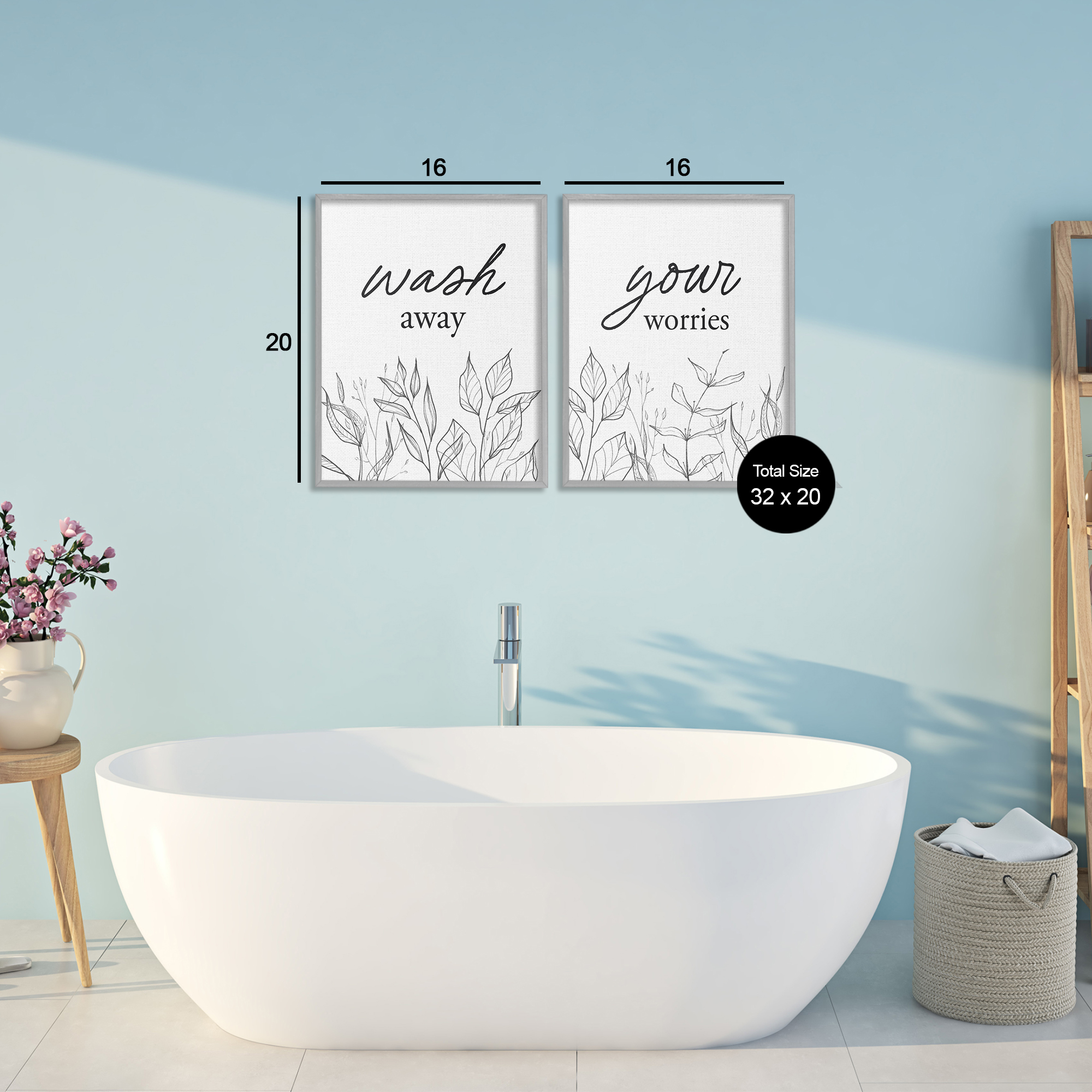 Wash Away Worries Minimalist Leaves 2 Piece Gray Framed Giclee Art Set, design by Lettered and Lined