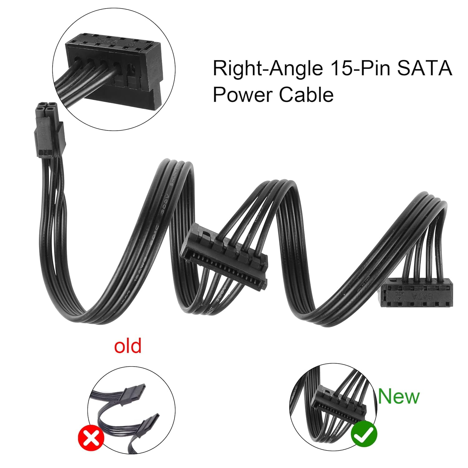 HRTGFD-Motherboard ATX Mini 4-Pin to 2X Right-Angle 15 Pin SATA Power Splitter Cable Apply for HDD、SSD、Optical Drives Sata Power Cable 45cm, 2-Pack