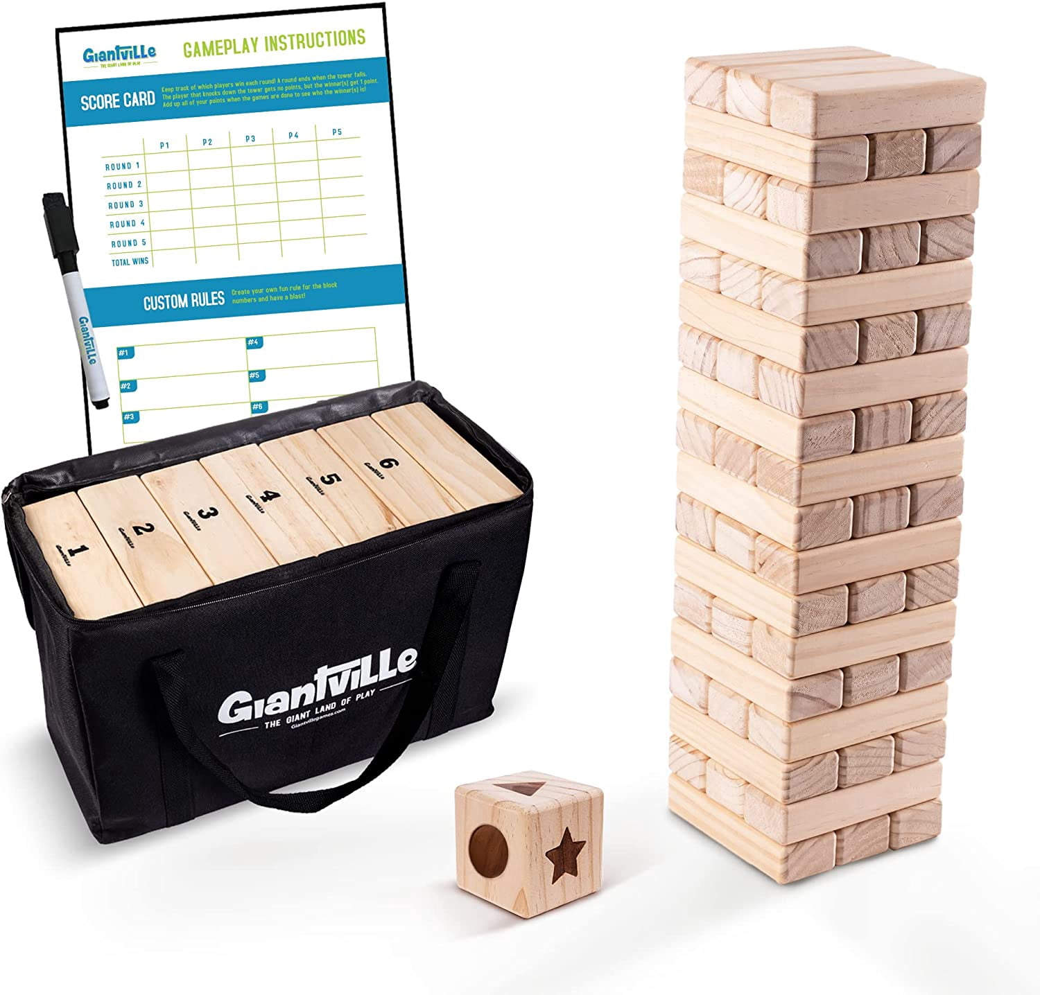 Large Tumbling Timber Toy + Dice + Carry/Storage Bag - 54-Pc Wooden Blocks  - Premium Pine Wood Floor Game for Kids & Adults - Grows from 1.5-feet to  Almost 3-feet While Playing,