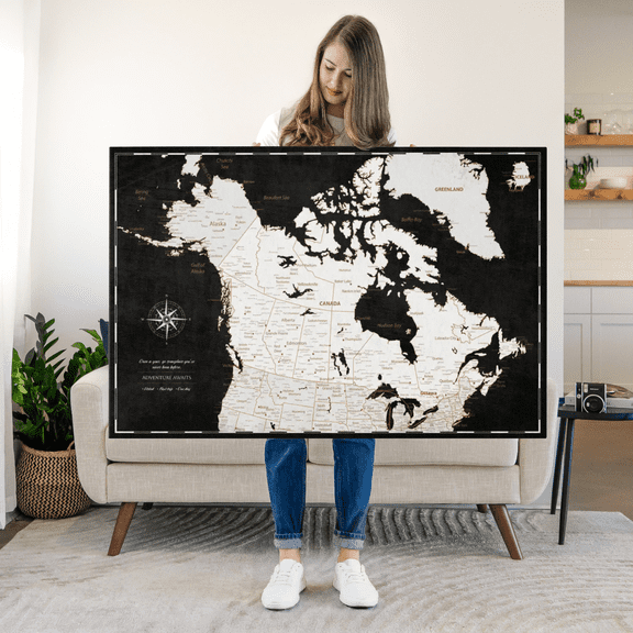 Elephant Stock Push Pin Canada Map On Black Wall Art - Map Canvas Art - 12" x 8"