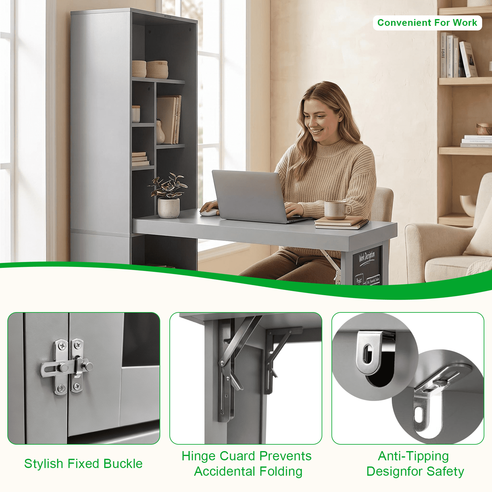 Folding Desk with Storage, Foldable Convertible Writing table with Blackboard and Shelves, Fold-Out Cabinet Table for Small Spaces/Home Office/Craft Room (Grey)