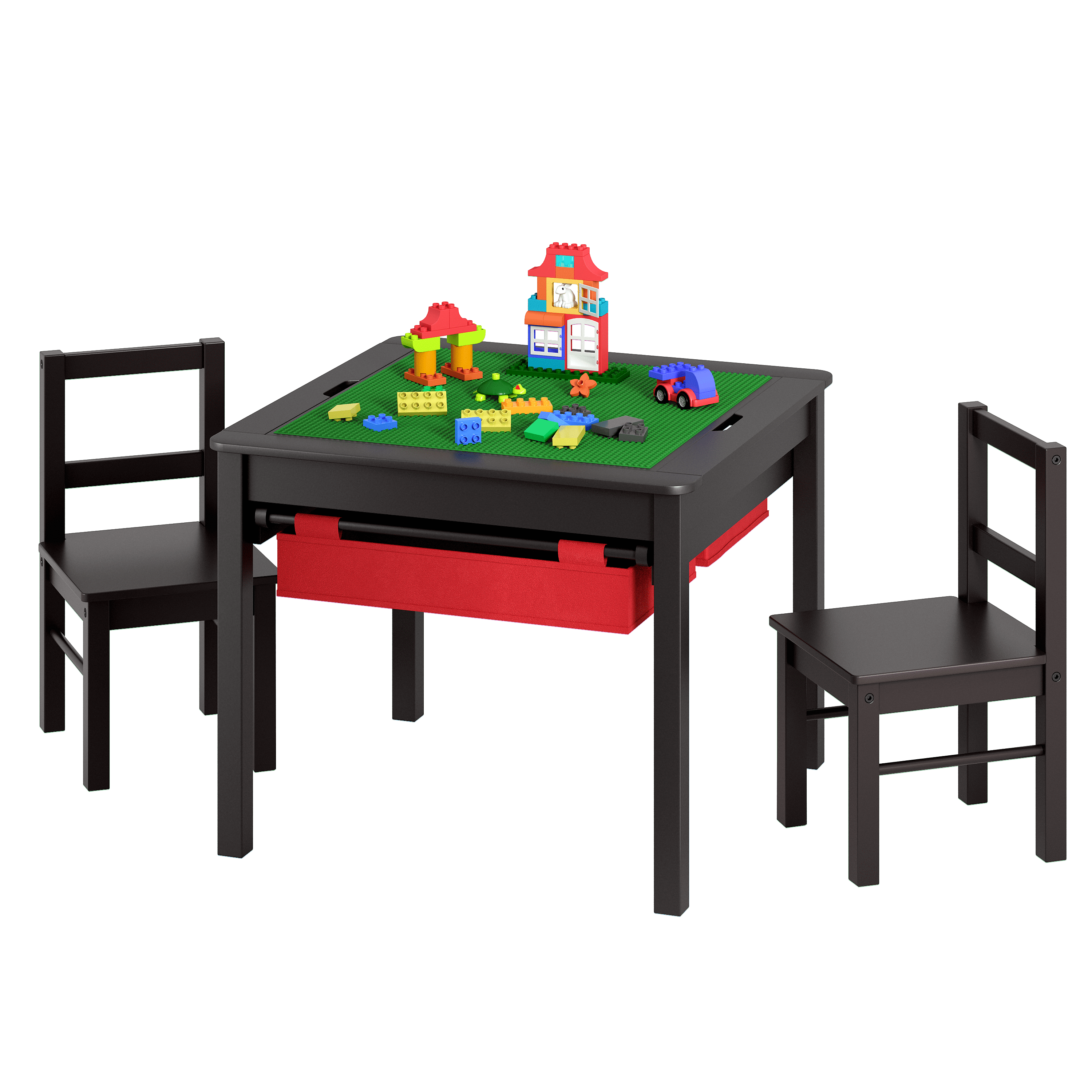 STAROUS Wooden 2 In 1 Kids Construction Play Table and 2 Chairs set with Storage Drawers and Built In Broad, Espresso with Red Drawers