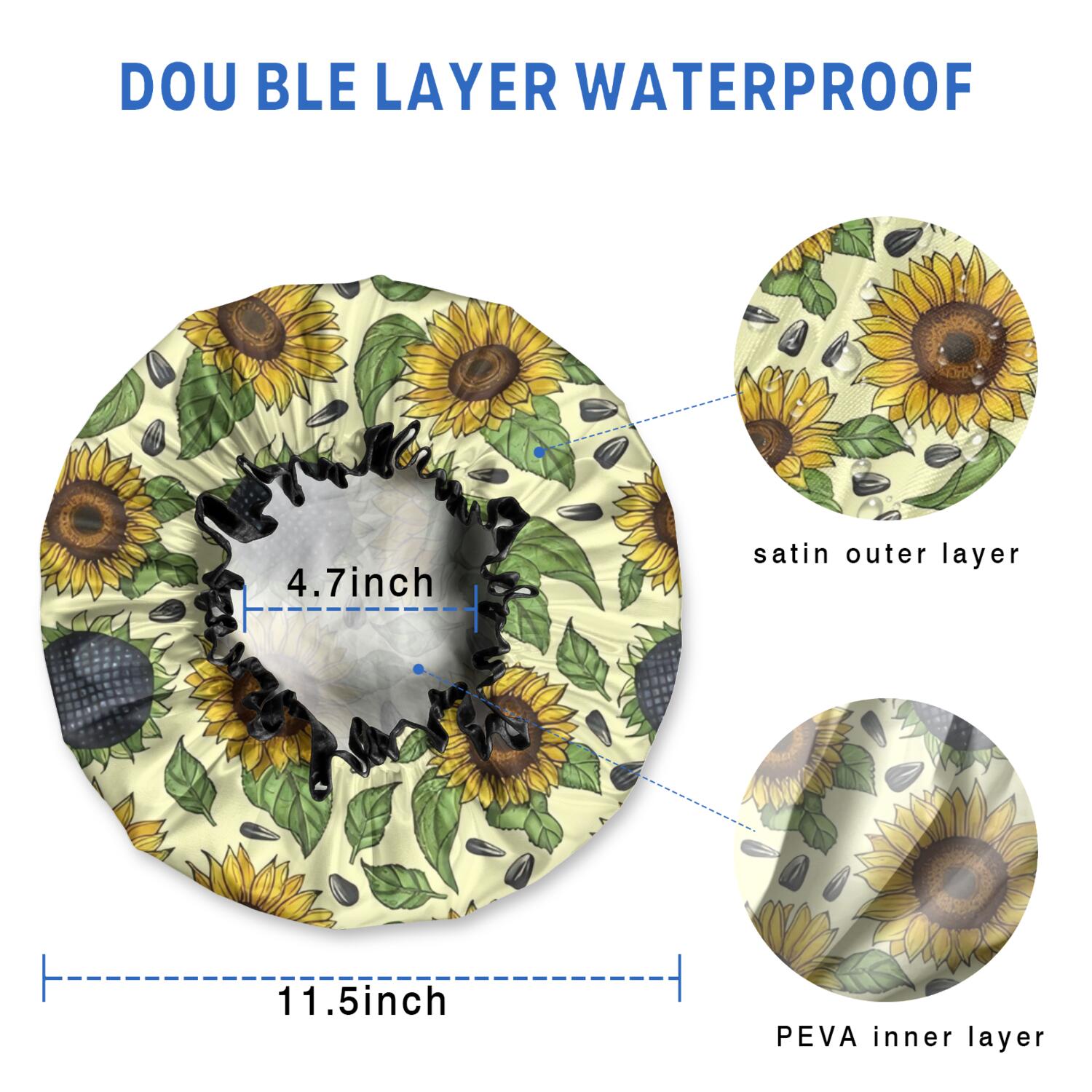 Shower Caps,Yellow Sunflower Seed Leaf Pattern Waterproof Shower Cap for Women 4 Pieces,Double Reusable Hair Cover for Shower PEVA Elastic Stretch Hem