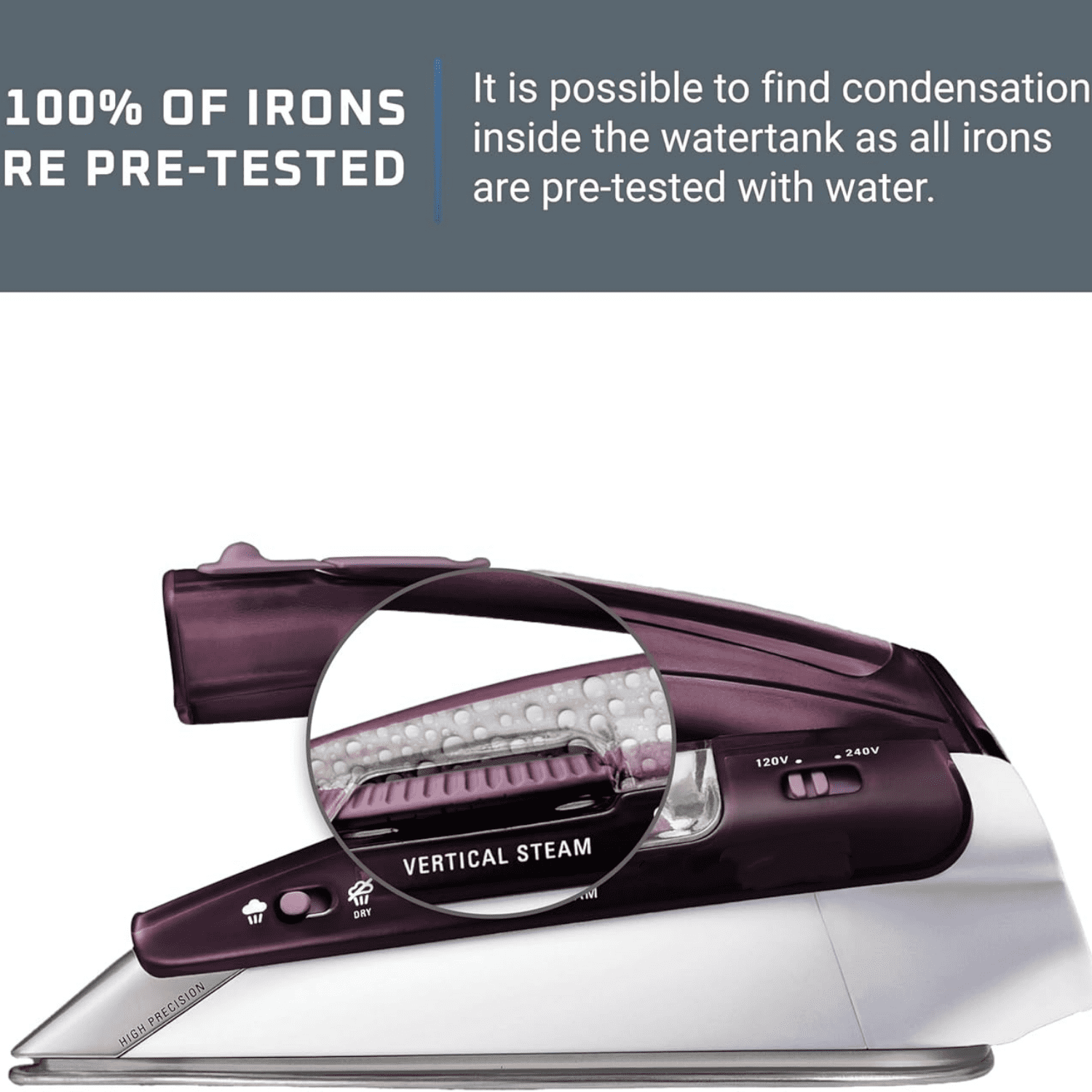 Travel Iron, Stainless Steel Soleplate Hand Held Steamer Iron for Clothes, 200 Microsteam Holes, 1000 Watts Ironing, Fabric Steamer, Dual Voltage, Mini Iron, Purple, DA1560