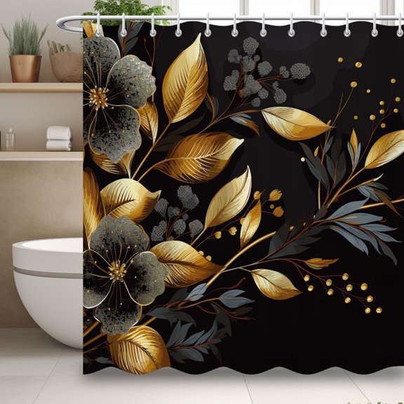Modern Minimalist Style Shower Curtain, Black and Gold Floral Waterproof Shower Curtain, Simple Bathroom Decor with 12 Hooks