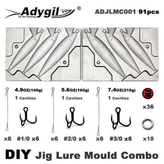 Adygil Fishing Jigging Lure Mold Kits 5oz, 5.5oz, 7.5oz,3 Cavities, 91pcs/Pack,Without Handle
