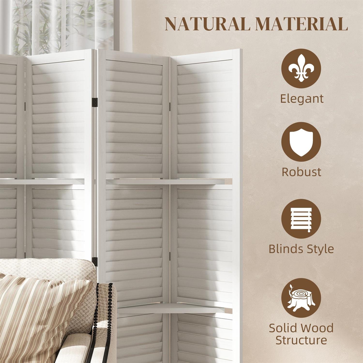 Demi Bonn 67" Tall Wood Privacy Screen Room Divider with 6 Panels, 3 Shelves, Folding Storage for Bedrooms, White