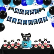 BIEUFBJI Video Game CORNET Party Supplies Boys Party Decorations Happy Birthday Banner, Cake Topper, Swirl, Tablecloths and Balloons, for Kid Birthday Decoration