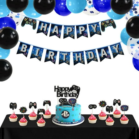 BIEUFBJI Video Game CORNET Party Supplies Boys Party Decorations Happy Birthday Banner, Cake Topper, Swirl, Tablecloths and Balloons, for Kid Birthday Decoration
