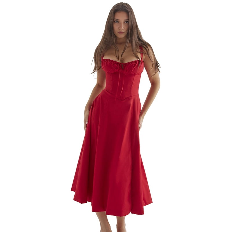 Women'S Summer Midi Corset Boho Dresses Casual Spaghetti Straps Lace Up Dress Flowy Aline Beach Sundress Red L