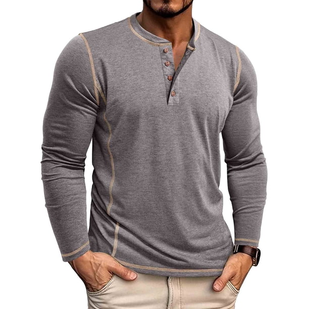 pstuiky camisas de manga larga para hombre, Camisa informal de manga larga con cuello redondo y botones de color liso para hombre camisetas de hombre xl