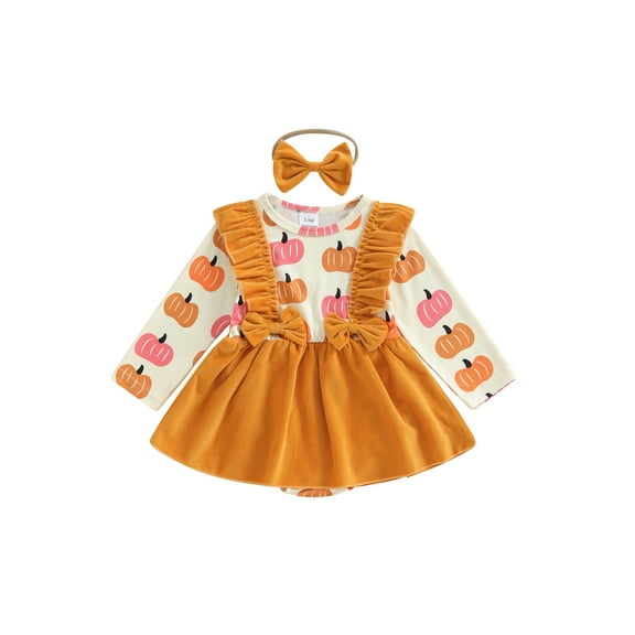 Baby Girls Halloween Outfits Newborn Pumpkin Ruffle Bow Romper Dress with Headband Set Fall Cute Clothes 0-18M