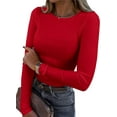 thumbnail image 1 of SURJDE Womens Long Sleeve Stretch Crewneck Ribbed T-Shirt Fitted Casual Basic Tops, 1 of 7