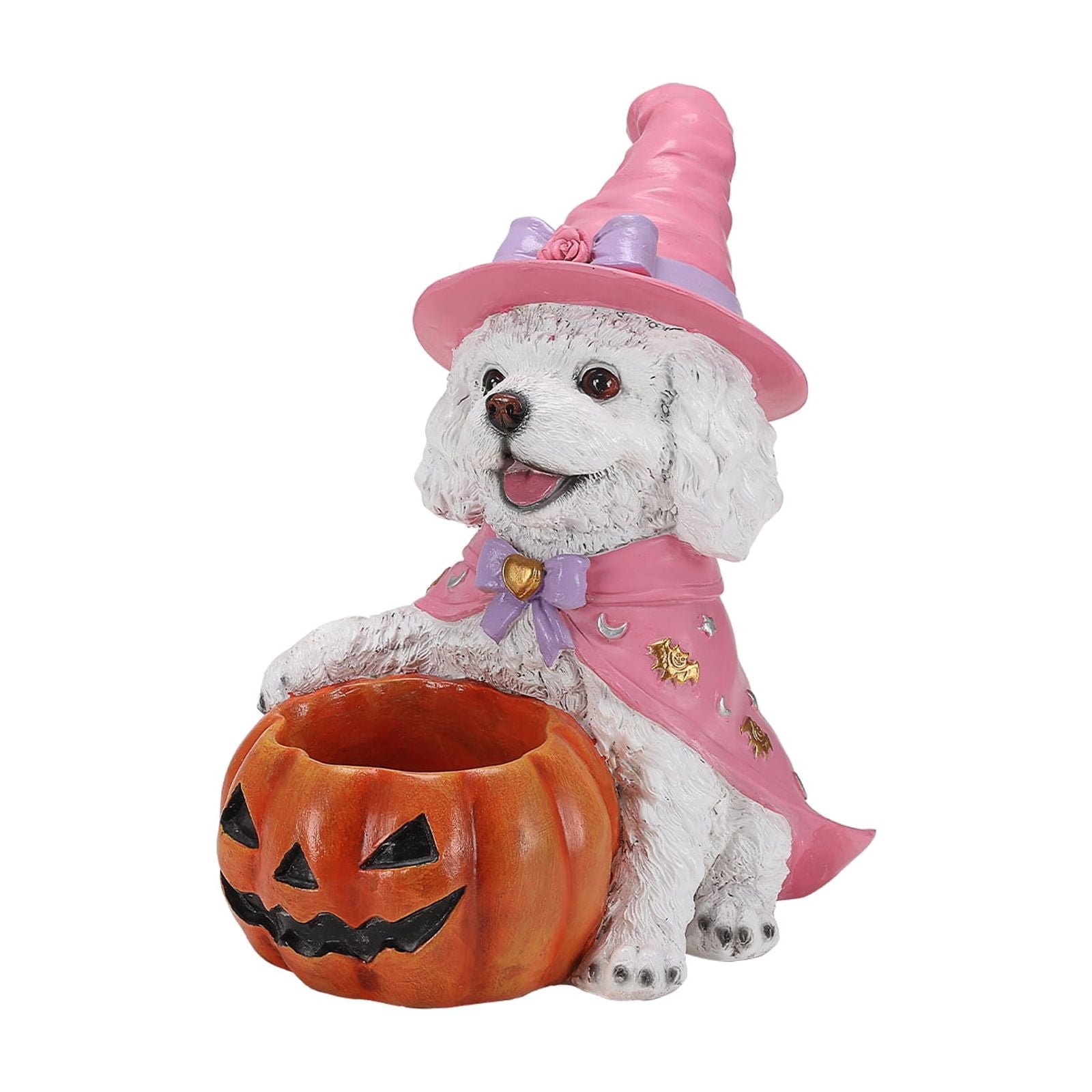 Puppy Halloween Candy Bowl with Pink Witch Hat Pumpkin Holder Resin Tabletop Decor