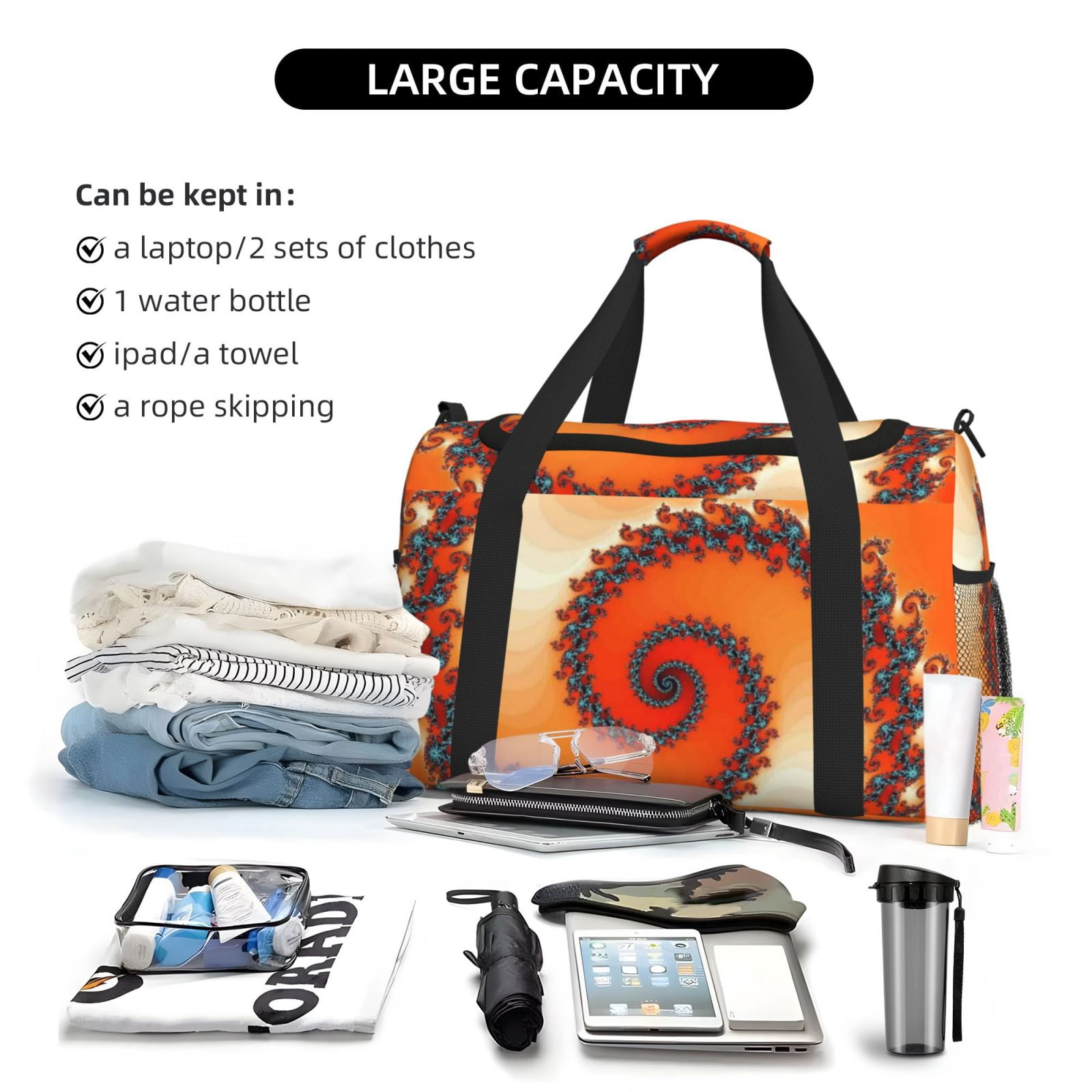 Kdxio Orange Rotating Travel Duffel Bag Gym Bag Weekender Travel Bag Gym Bag for Women &Men Airplane Travel Essentials for Flying