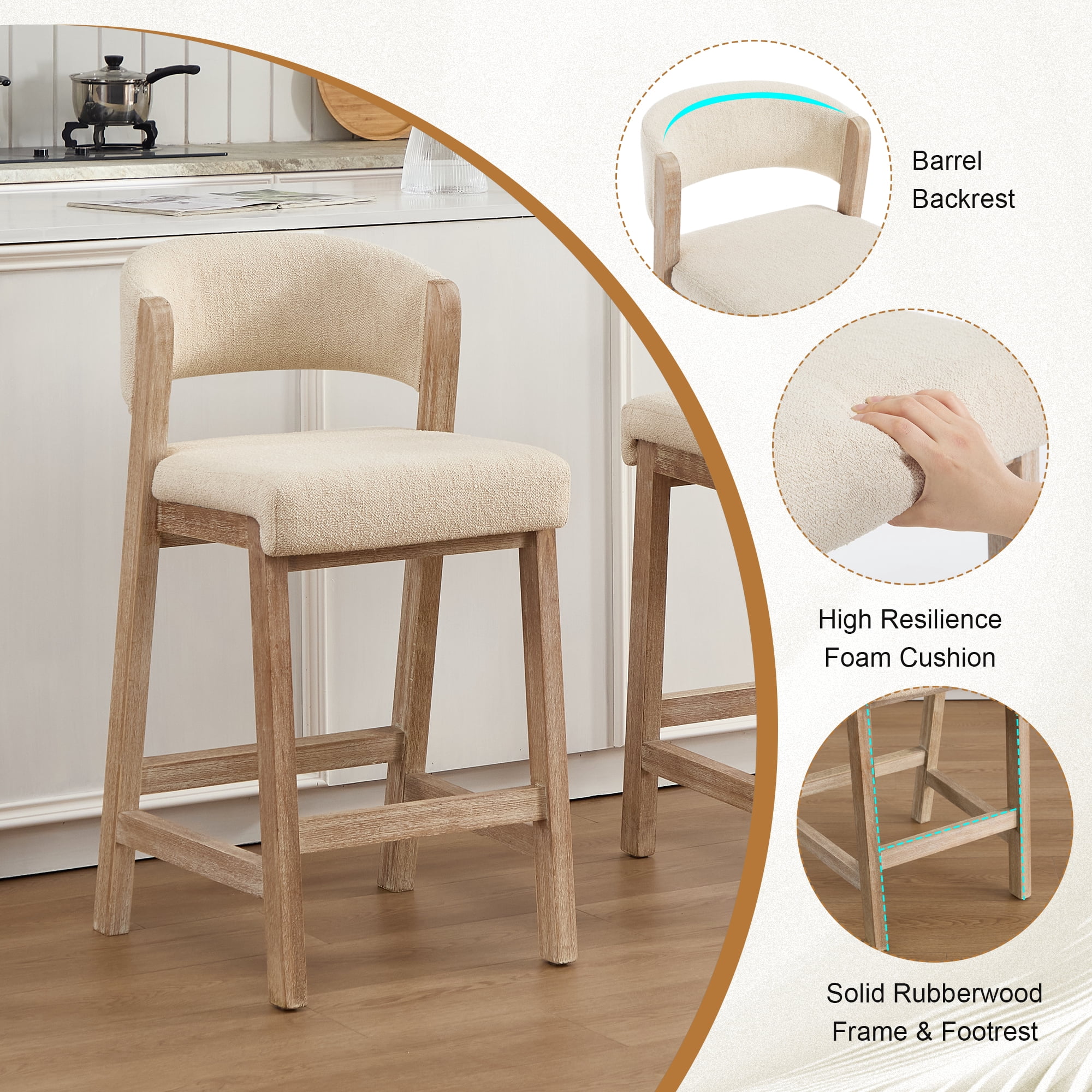 Zesthouse 26.2″ Counter Height Wooden Bar Stools Set of 2, Linen Upholstered Barstools with Curved Backs, Thick Cushion, Vintage Brushed Brown Wood Legs, Modern Bar Chairs for Kitchen Island, Beige