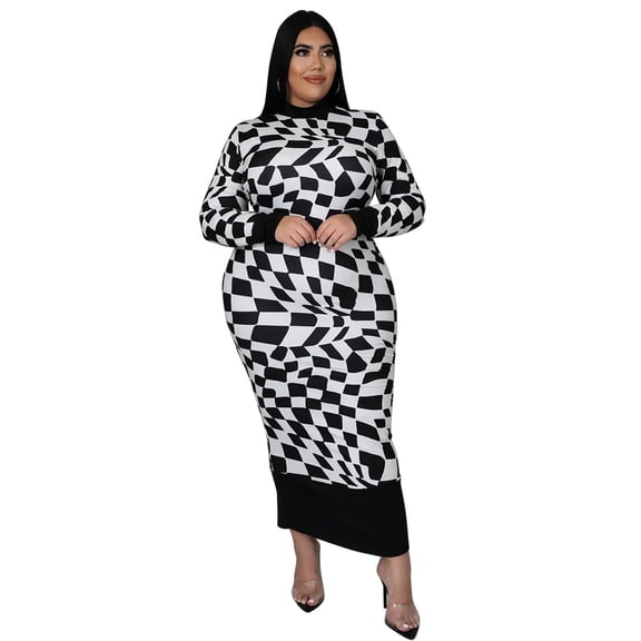 AURA Plus Size Plaid Print Maxi Dress Crewneck Long Sleeve Patchwork Elegant Sweet Style Long Dress for Fall Winter