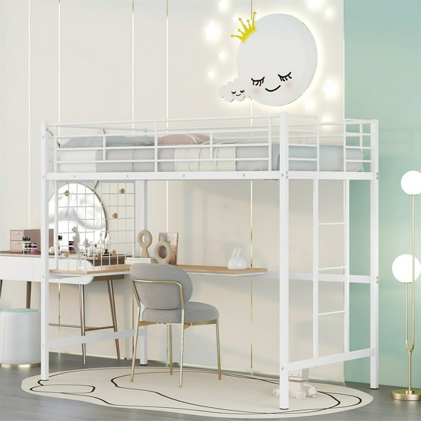 Twin Size Loft Bed with LShape Desk and Metal Grid,SpaceSaving Twin