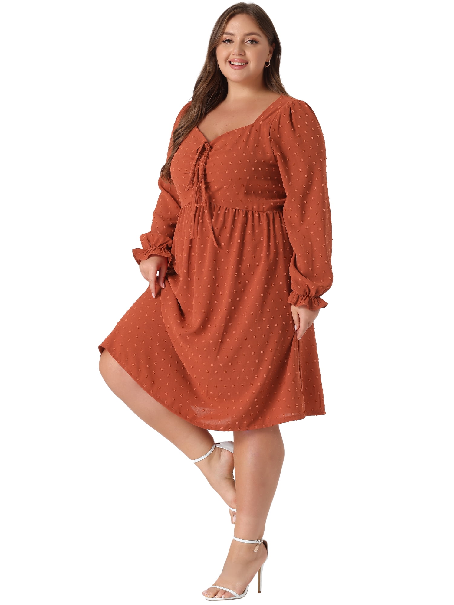Unique Bargains Women's Plus Size Midi V Neck Tie Ruffle Babydoll Swiss Dots Boho Dress 4X Caramel