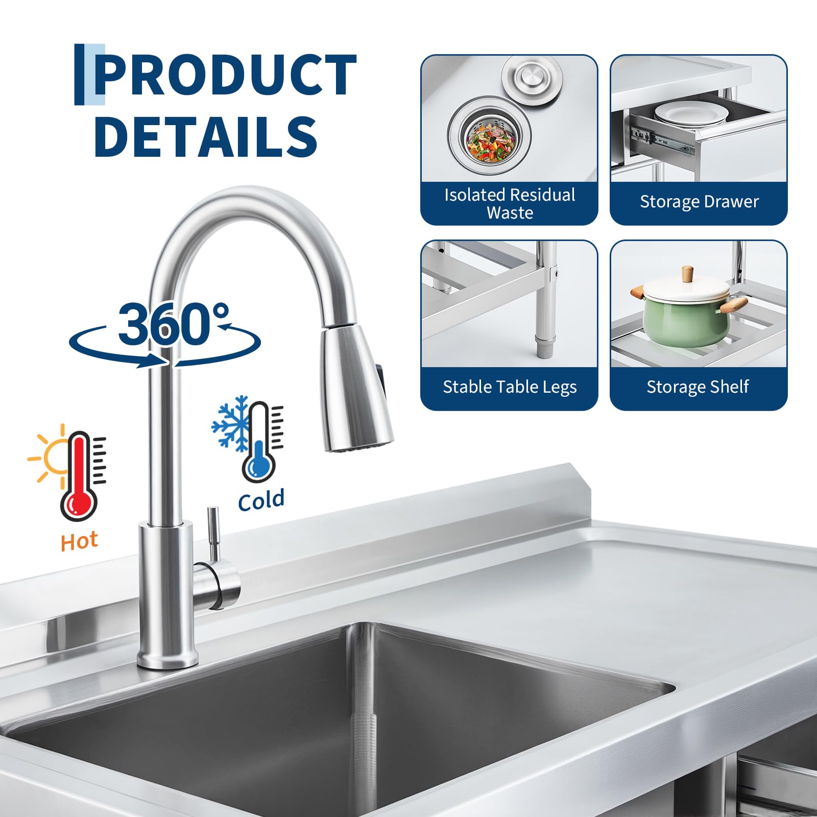 Commercial Stainless Steel Kitchen Sink Prep Counter with Pull-out Faucet, 39" Freestanding Single Bowl Utility Sink with Workbench & Drawer Storage for Laundry, Farmhouse & Outdoor Use