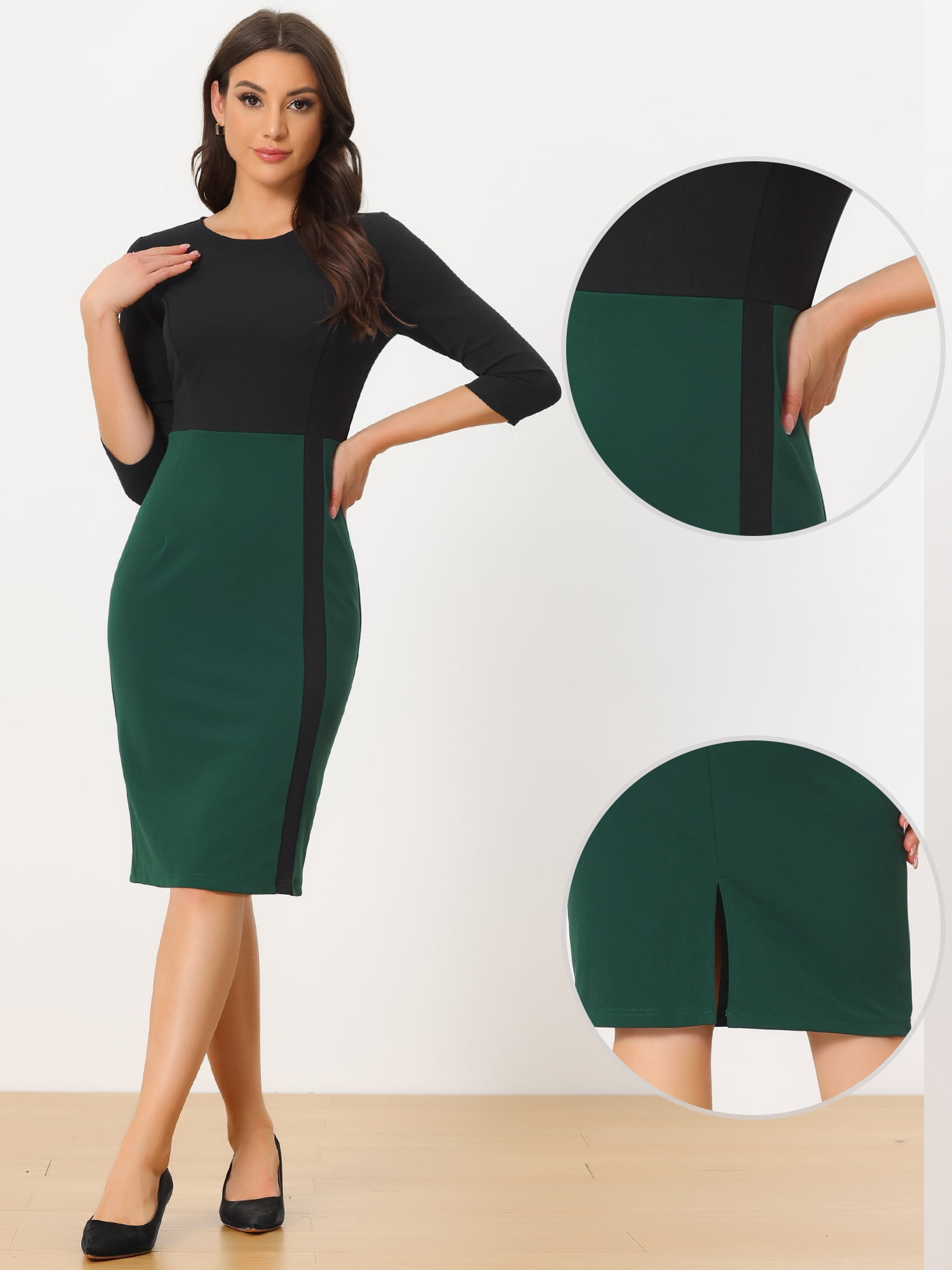 DARING DIVA Round Neck 3/4 Sleeves Contrast Sheath Elegant Pencil Dress M Green