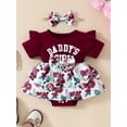 thumbnail image 4 of Infant Baby Girls Summer Romper Dress with Bow Headband Letter Floral Print Short Sleeve Round Neck Jumpsuit, 4 of 10