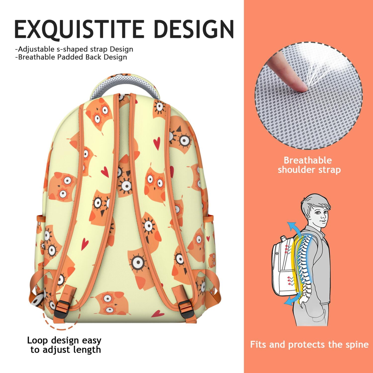 Night Owl Pattern Backpack - Waterproof & Breathable Student Backpack with Spinal Support Design for Daily Use