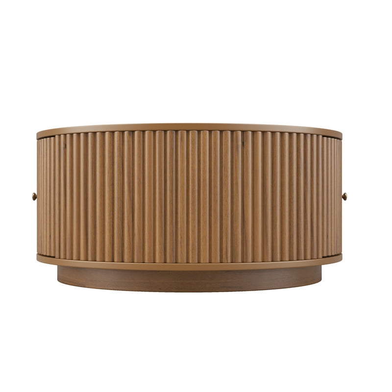 30.3'' Round Fluted Design Coffee Table with Dual Hidden Storage Drawers, Drum Base Center Cocktail Table