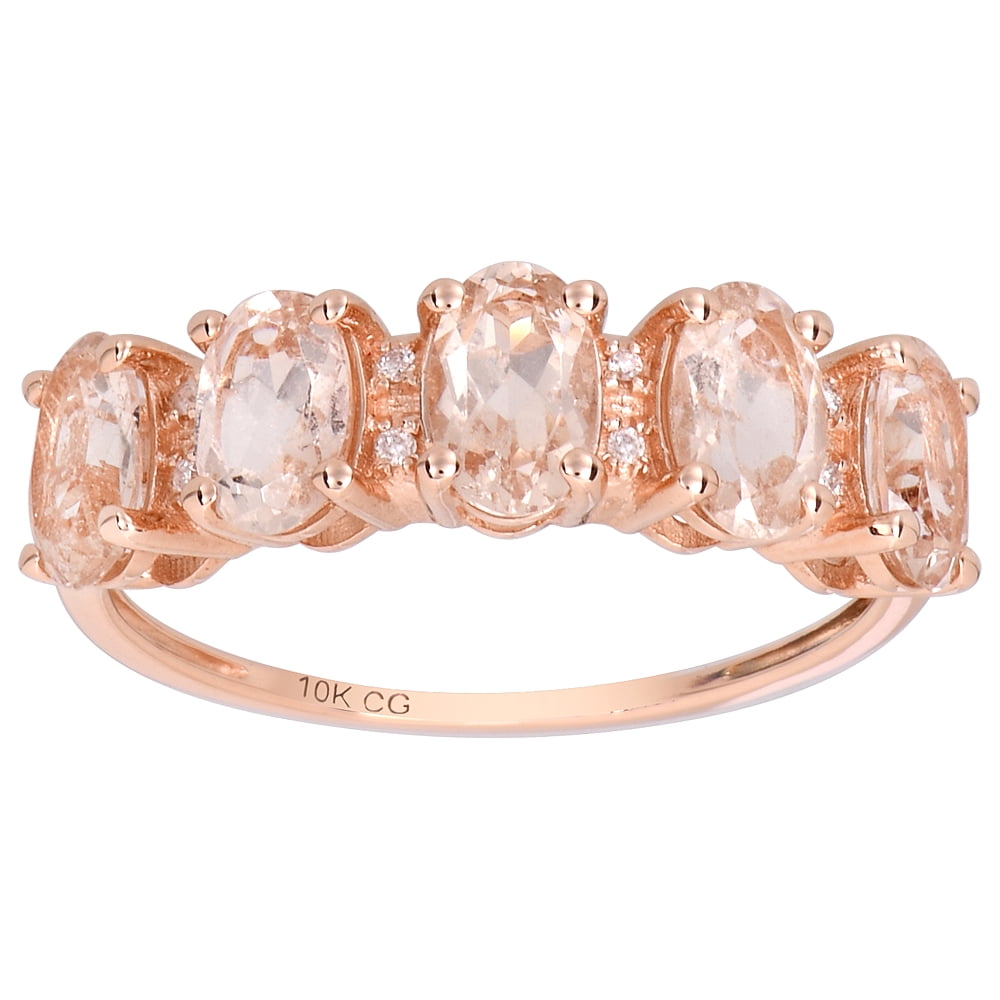 10k Rose Solid Gold 5-Stone Natural Oval Morganite and Diamond Anniversay Band Birthstone Gemstone Ring
