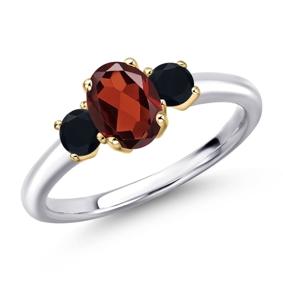 Gem Stone King 10K Two Tone Gold Red Garnet and Black Onyx Engagement Ring for Women | 1.13 Cttw | Oval 7X5MM | Gemstone January Birthstone | Size 8