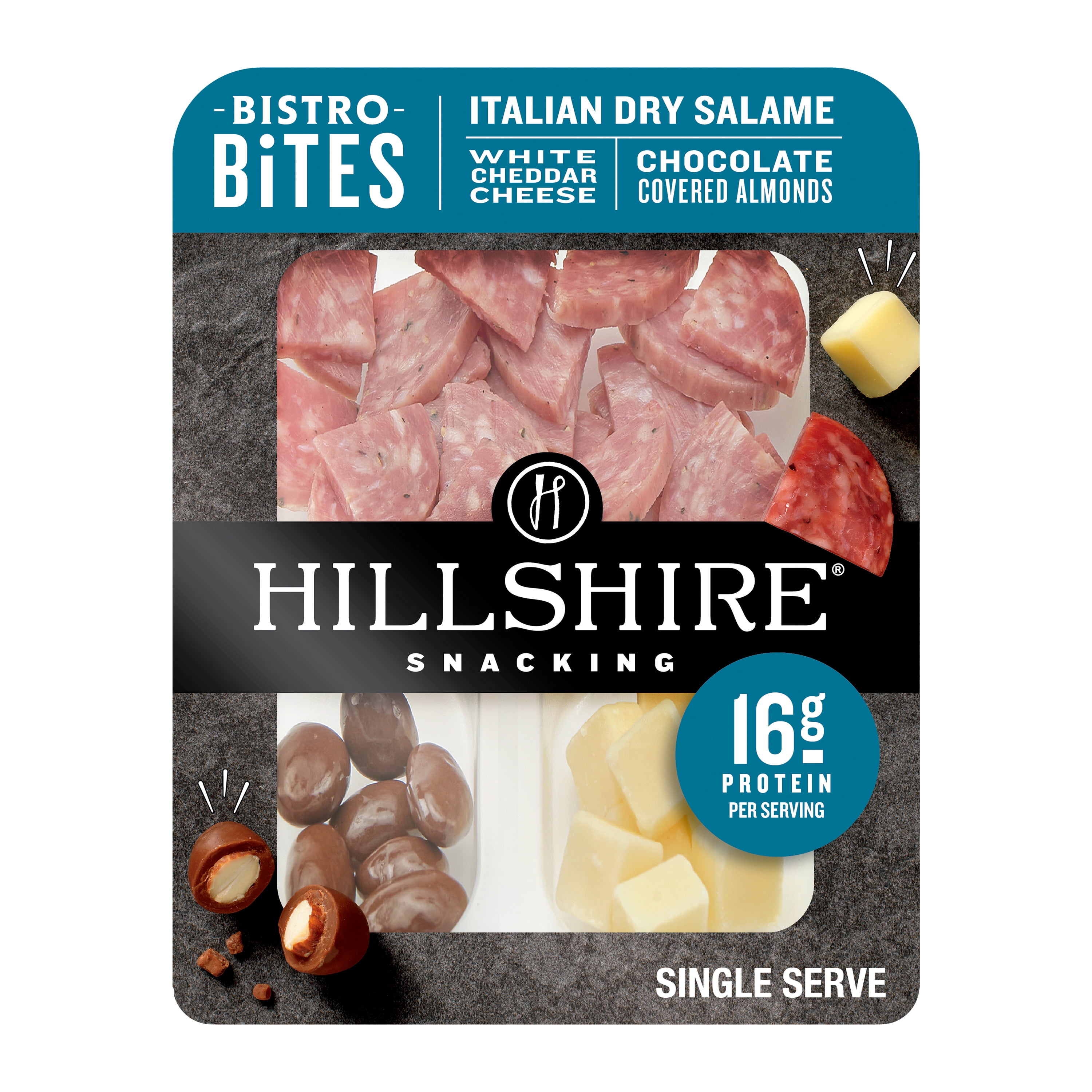Hillshire Snacking Bistro Bites Italian Dry Salami, White Cheddar Cheese & Chocolate Covered Almonds Snack Kit, 2.8 oz Tray