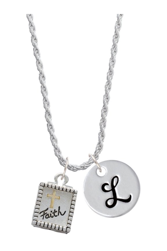 Two-tone Shadow Box ''Faith'' with Cross Silvertone Script Initial Disc - L - Charm Necklace, 20"+3"