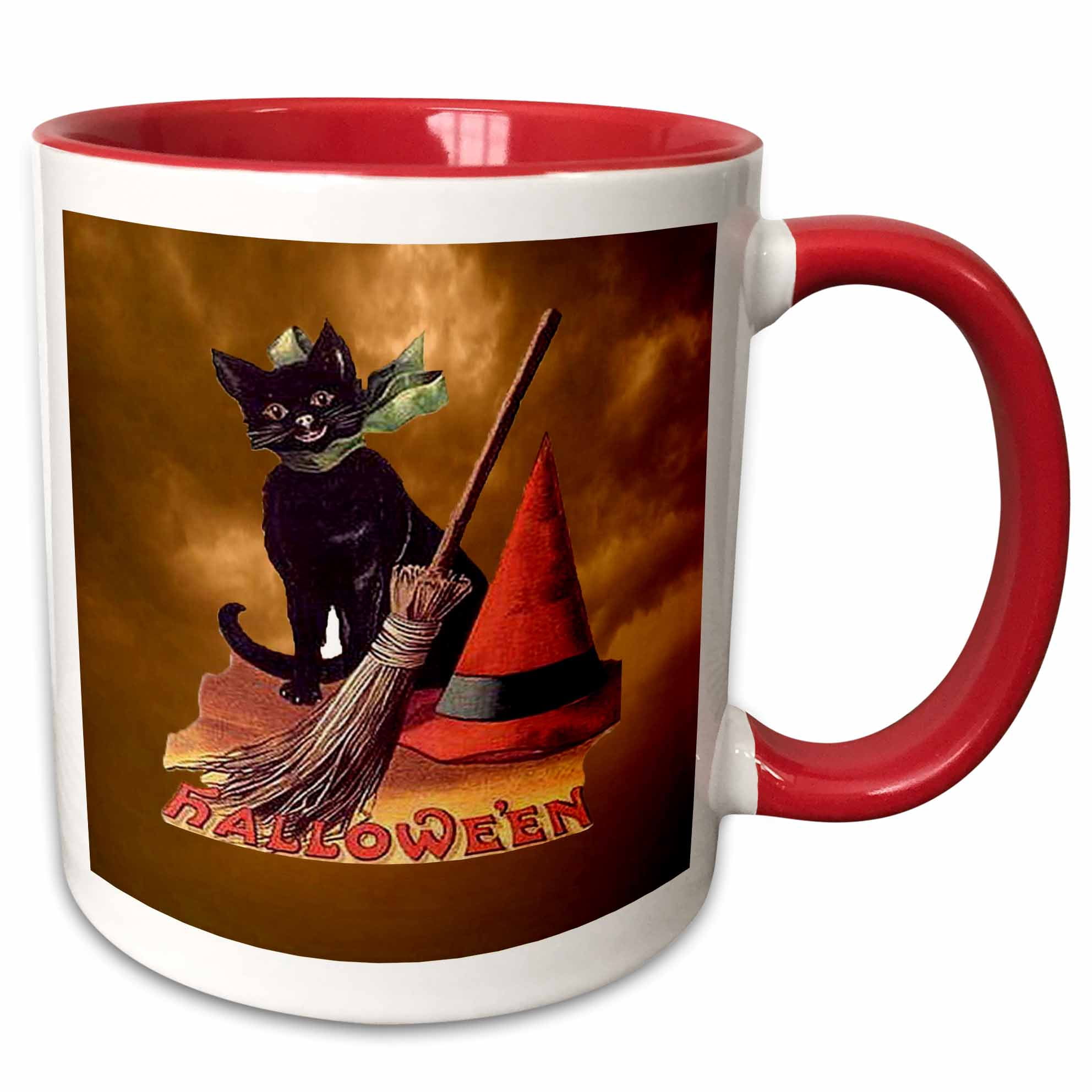 3dRose Vintage Halloween Black Cat Two Tone Red Mug, 11