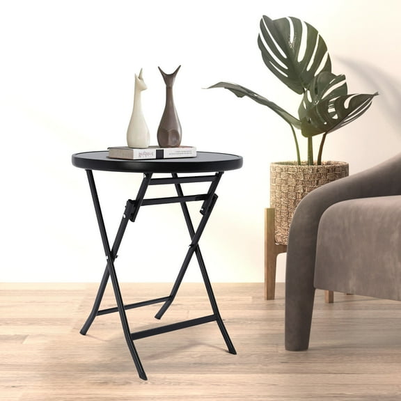 Round Side Table, Iron Frame & Tempered Glass Top, 264lbs Load Capacity, 24x28in, Foldable for Indoor Outdoor Use
